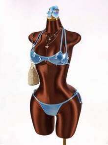 Amplova Bộ bikini nữ kiểu dây buộc cổ, hở lưng, có mặt dây chuyền hình giọt nước và quần bikini buộc dây hai bên. - màu xanh lá - Xem 4