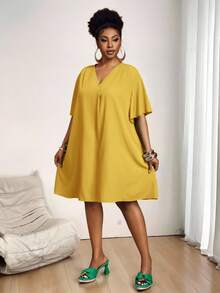 Slaydiva Nuevo vestido casual/de negocios casual elegante de Pascua/Occidental para mujer con mangas cortas, cuello en V de gasa, mangas sueltas con volantes - Amarillo - Ver 3