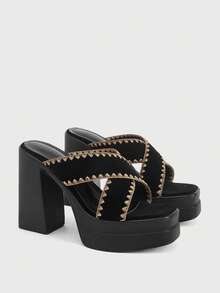 Sugerpunk 女士时尚性感露趾高跟凉鞋，朋克哥特式优雅刺绣交叉绑带，厚底防水平台，粗跟，春夏夜店派对/节日女士套脚鞋。 - 黑色 - 查看 2