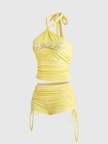 ROMWE Y2K Rhinestone Halter Crop Top And Low-Rise Shorts 2 Pieces Set For Women - Pale Yellow - View 11