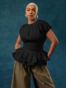 Vixey Solid Woven Round Neck Ruched Short Sleeve Layered Peplum Top - Black - View 3