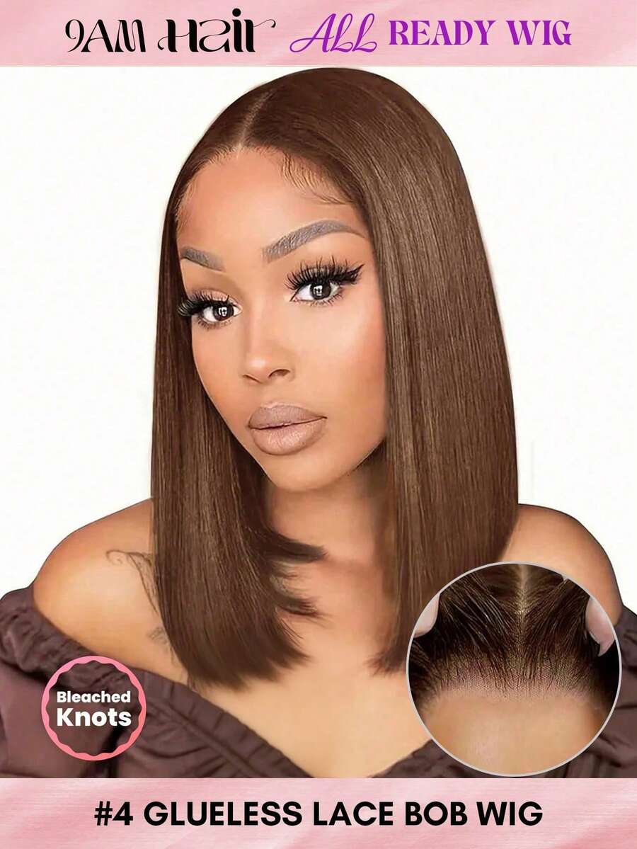 ALL READY WIG Tóc giả Bob không keo, tóc thật, tóc giả ren cho phụ nữ #4, màu nâu, tẩy trắng trước, nhổ trước, cắt trước, ren tan chảy, đóng ren 4x4, tóc giả không keo có tóc phía trước, 100% tóc thật, TÓC 9AM - S4 - Xem 1