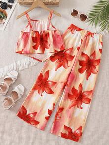 Sparklyn 少女热带花卉印花露背上衣和宽松阔腿裤套装，夏季海滩度假 - 彩色 - 查看 2
