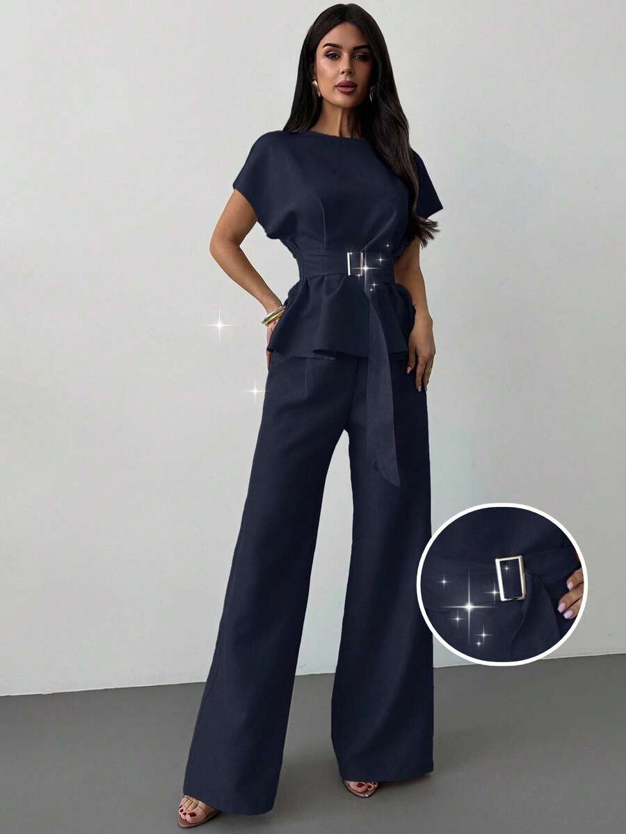 Firerie 春夏新款休闲优雅日常通勤米色亚麻竹结装饰圆领收腰衬衫和高腰直筒裤通勤套装，亚麻套装适合日常穿着，度假装