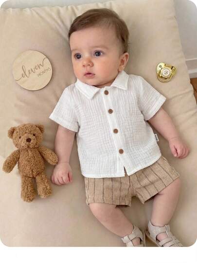 2 piezas Conjunto de camisa y pantalones cortos de unicolor de verano para bebé recién nacido niño, adecuado para fiesta de cumpleaños, fiesta de noche, actuación, boda, baby shower, invitado de boda, paje, portador de anillos