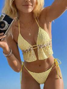 Swim Mod New Women's Sexy Sweet Halter Tankini Swimwear Set, Spring/Summer - Yellow - View 4