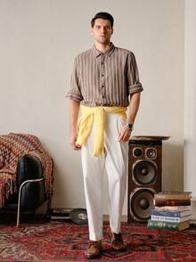 VeloEdit Quần ống đứng lưng thun dệt thường ngày cho nam, phong cách mùa thu, Old Money - trắng - Xem 3