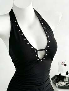 Flirla Black,Summer,Techno,Club Night,Rave Halter Deep V Rivet Pleated Bodycon Mini Dress, Slim Fit Cocktail Party Waist Ruching,Music Festival Dress - Black - View 3