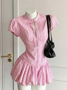 Comfortcana Women's Cute Plaid Button Tie Blouse, Ladylike Style For Date, Birthday - Pink - View 3