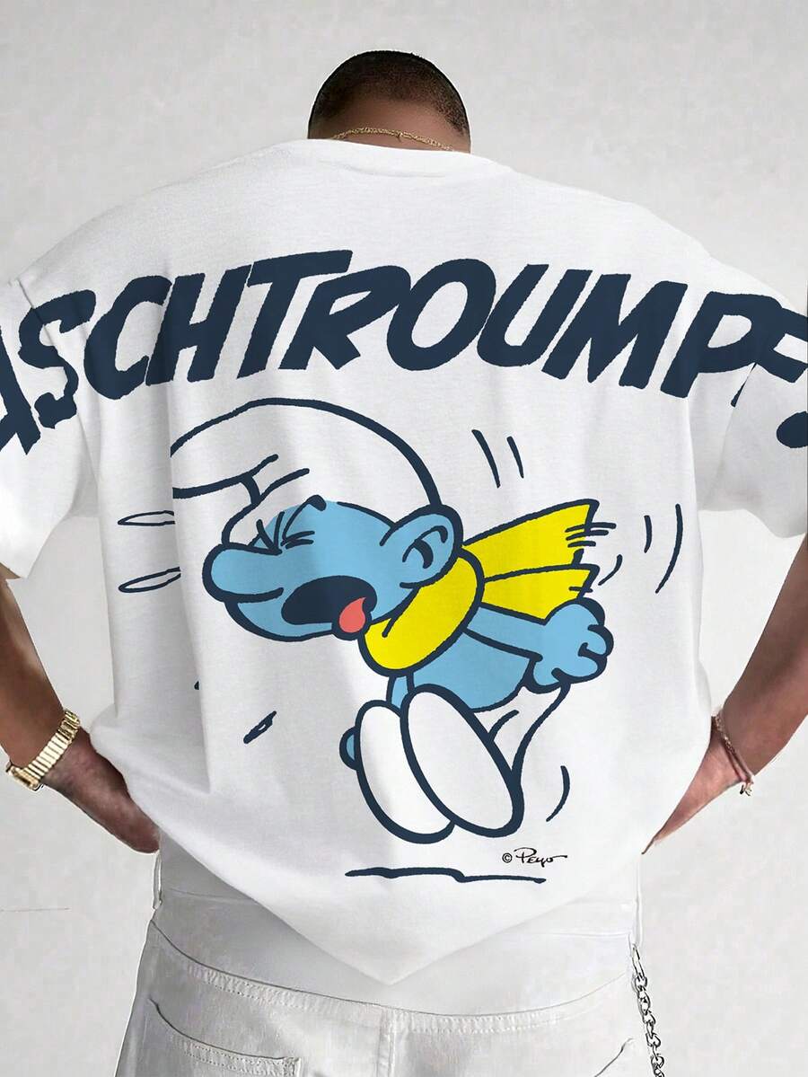 SHEIN X The Smurfs 男士简约圆领短袖T恤，百搭日常穿着 - 白色 - 查看 1