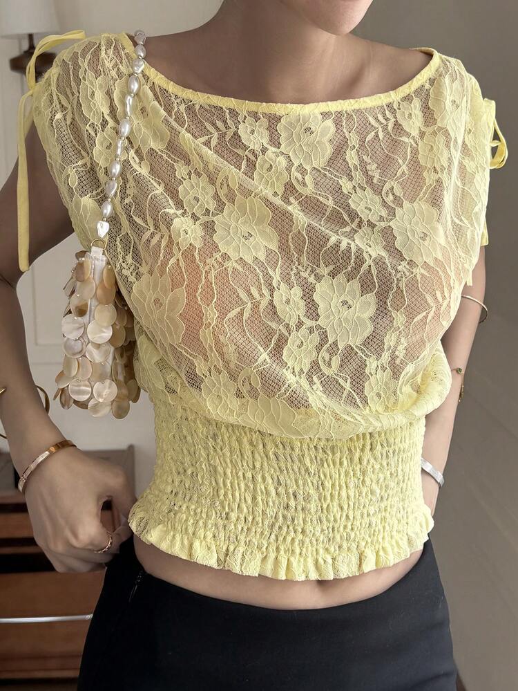 Women's Yellow Lace Semi-Sheer Casual Blouse With Tie-Up Design, Suitable For Spring/Summer, Valentine's Day, Vacation