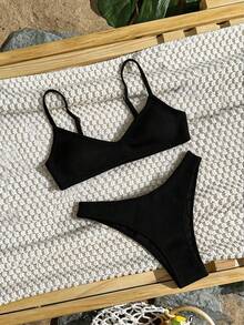 Elavelle Women's Jacquard Fabric High Cut Bikini Bottom, Spring/Summer - Black - View 3