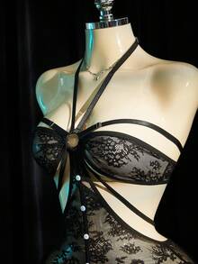 SpicyHot Body de encaje negro con diseño floral calado y botones, lencería sexy para mujer, adulta, para luna de miel, cita, lencería de encaje sexy, conjunto de lencería, atuendo sexy - Negro - Ver 6