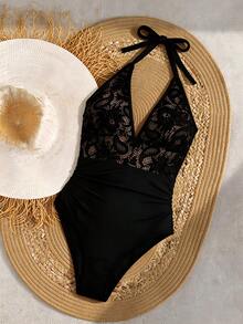 SHEIN Swim Lushore Globally Popular Sexy & Elegant One-Piece Swimsuit For Beach Vacation, Side Ruched Design, Cup Lace Patchwork, Solid Black Fabric, Fashionable One Piece Swimsuit Swimwear - Black - View 7