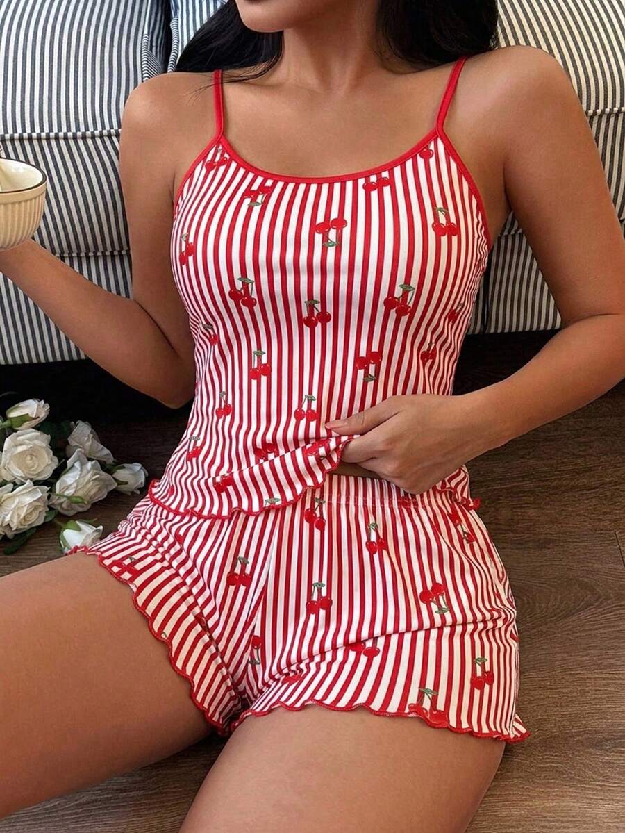 SHEIN Bộ đồ ngủ nữ gồm áo hai dây và quần short in họa tiết quả anh đào kẻ sọc. - Nhiều màu - Xem 1