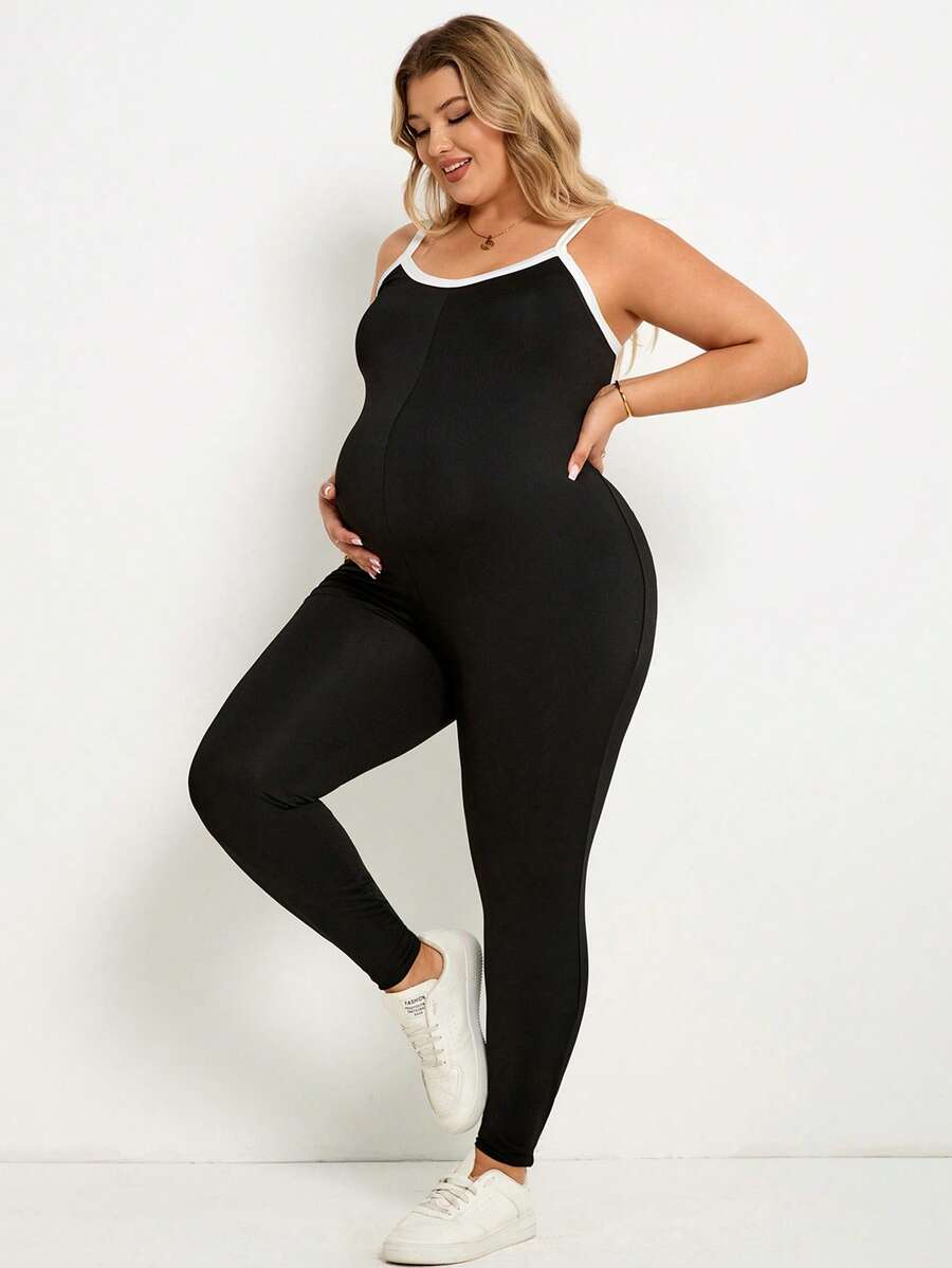 Plussiva Maternity Plus Size Contrast Color Casual Jumpsuit - Black and White - View 1