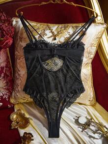 PinupPomp Body con encaje floral y recortes con aros - Negro - Ver 2