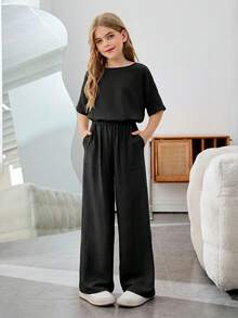 SHEIN 少女纯色圆领短袖T恤搭配阔腿裤休闲日常穿搭 - 黑色 - 查看 3