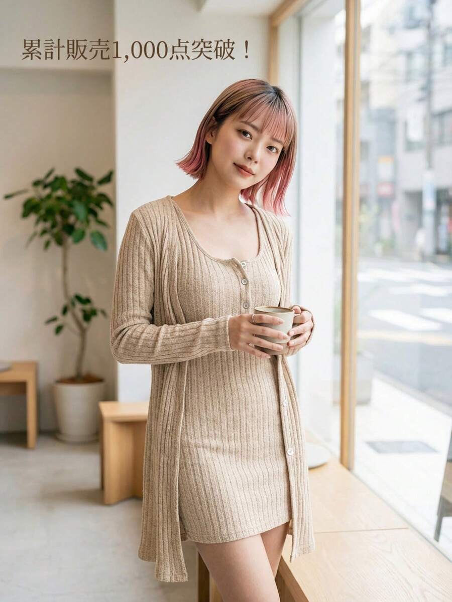 Calvaya 女士蓝色性感两件套连衣裙，秋冬 - 杏色 - 查看 1