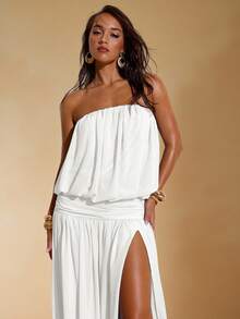 SHEIN BAE Lässiges, sexy, einfarbiges, locker tailliertes Kleid mit Schlitz, geeignet für Urlaub, Strandreise, Strandresort, Party, Cocktailparty, hellblaues Kleid, langes blaues Kleid, elegantes Kleid - Weiss - Übersicht 8