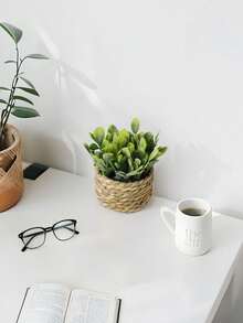 1PC 3PCS Artificial Woven Rattan Potted Plant - PE Polyester Fiber Desktop Party Kitchen Garden Decor Christmas Holiday Gift - Green - View 5