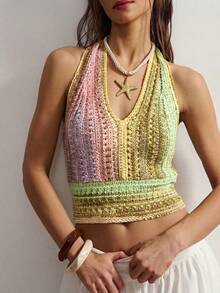 Bohemela Áo hai dây dệt kim cổ yếm gợi cảm phối màu ombre dành cho nữ, thích hợp cho mùa xuân/hè. - Nhiều màu - Xem 6