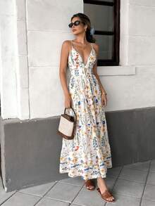 Pariaura Spaghetti Strap Patchwork Loose Hem Dress, Casual Vacation Style For Women - Multicolor - View 4