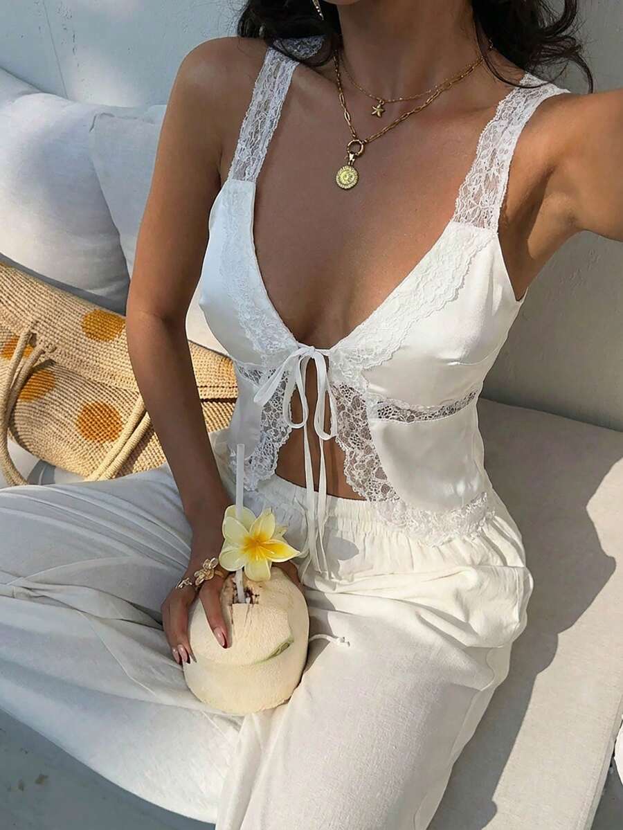 Aloruh 女士夏季新款白色优雅性感浪漫约会时尚简约婚礼宾客蕾丝拼接缎面系带吊带背心衬衫