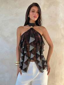 Aloruh Women's Elegant Multi-Layer Ruffle Trim Stand Collar Fitted Tank Top - Coffee Brown - View 5