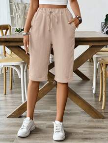 SHEIN Holidaya Elastic Waist Linen-Like Casual Shorts, Summer - Apricot - View 3