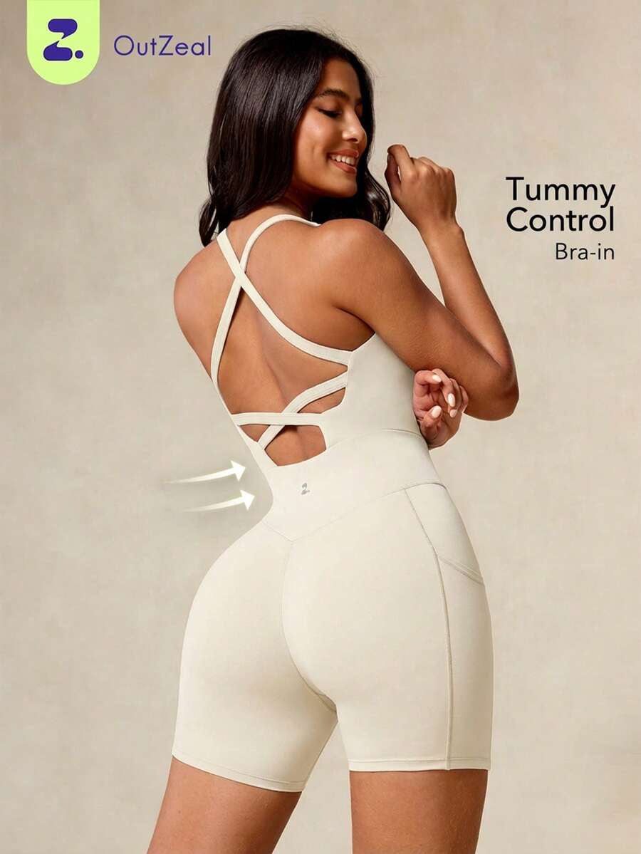 Women Sports Jumpsuit Gym Cycling Workout Romper Tummy Control Bra-In One-Piece Activewear - Apricot - View 1