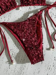 Costavie 两件式泳衣套装，采用闪亮纹理面料，珍珠装饰，挂脖三角胸罩上衣和侧系带泳裤，性感比基尼套装，适合春夏海滩度假 - 酒紅色 - 查看 6