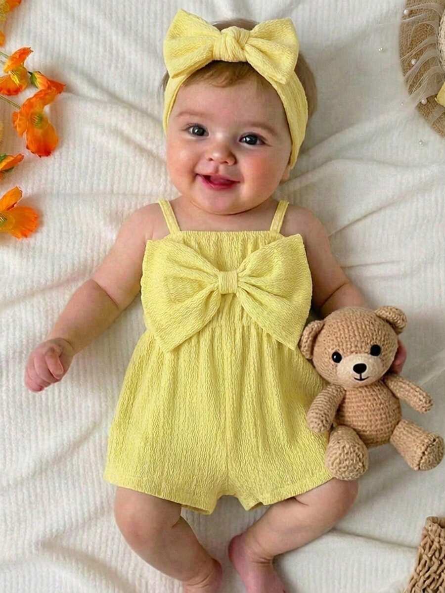 Bộ áo liền quần màu xanh lá cây có họa tiết, kiểu dáng thường ngày, có nơ, dành cho bé gái đi nghỉ mát. - Màu Mù tạt vàng - Xem 1