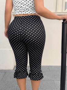 Muchica Quần legging lửng dáng rộng in chấm bi dành cho nữ cỡ lớn, cạp chun co giãn, kiểu dáng thường ngày. - màu đen - Xem 2
