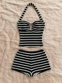 Soleia Women Striped Halter Neck Tank Top And Shorts Casual 2 Pieces Set - Black and White - View 3