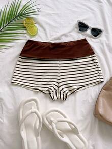 Soleia Women's Elastic Waist Striped Fold-Over Shorts - Mocha Brown - View 3