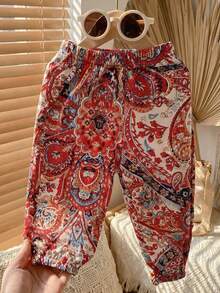 SHEIN Playful Pals Infant Toddler Baby Girl Casual Elastic Waist Jogger Pants, Suitable For Daily Wear, Vacation And Travel Girl Holiday Outfit Toddler Girl Summer Clothes Girls Summer Outfit Girl Outfit Sets Summer Girls Summer Holiday Outfits Baby Girl Trousers Baby Girl Paisley Pants Toddler Trousers - Multicolor - View 3