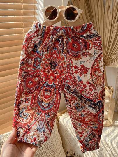 SHEIN Playful Pals Baby Girl Casual Elastic Waist Jogger Pants, Suitable For Daily Wear, Vacation And Travel Girl Holiday Outfit Baby Girl Summer Clothes Girls Summer Outfit Girl Outfit Sets Summer Girls Summer Holiday Outfits Baby Girl Trousers Baby Girl Paisley Pants Trousers