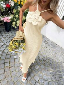 SHEIN LUNE Đầm cổ yếm họa tiết hoa 3D cỡ lớn dành cho kỳ nghỉ hè - Màu be - Xem 3