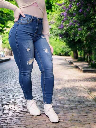 Jeans Skinny Tiro Alto Levanta Cola con Rasgados Modernos de Mezclilla para Mujer