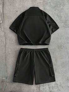 AXEPEAK Set casual estivo da uomo, composto da camicia larga con cuciture a contrasto e tasche toppe, e pantaloncini con vita con coulisse - nero - Visualizzare 3