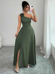 Elenzga Đầm maxi không tay màu xanh lá cây dành cho nữ, họa tiết hoa trên vai, eo có thể điều chỉnh, chân váy chữ A xẻ tà, phong cách cổ điển lãng mạn kiểu Pháp thanh lịch, phù hợp cho đi làm, công sở, đi biển, thường ngày, đơn giản và đa năng, đám cưới, ngày Valentine, mùa xuân/hè. - xanh quân đội - Xem 5