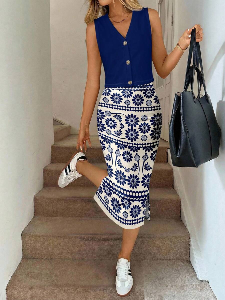 SHEIN LUNE Conjunto de 2 piezas de estilo minimalista casual con top de tirantes azul, combinado con cárdigan con botones y estampado floral retro, y falda, adecuado para primavera/verano - Multicolor - Ver 1