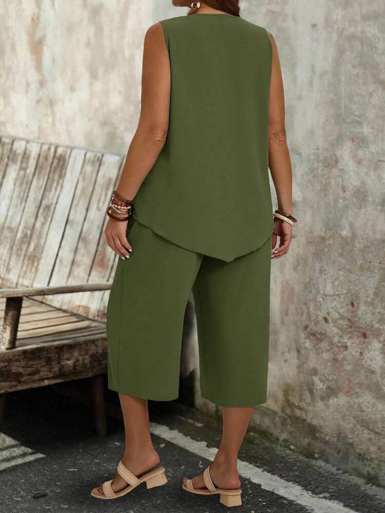 Plus Size Women's Simple Sleeveless Top And Pants 2pcs Set, Vacation Outfits Woman, Boho For Women, Summer Outfits For Women