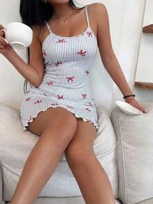ZzzCrew Fashionable Striped Bow Print Camisole Nightgown - Multicolor - View 4
