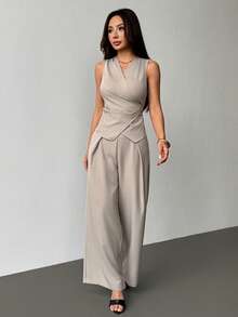 SHEIN PETITE 女士套装，优雅通勤装，适合秋冬季 - 杏色 - 查看 2