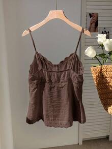 SHEIN Tall CURVE Plus Size Women Contrast Lace Button Design Camisole - Brown - View 2