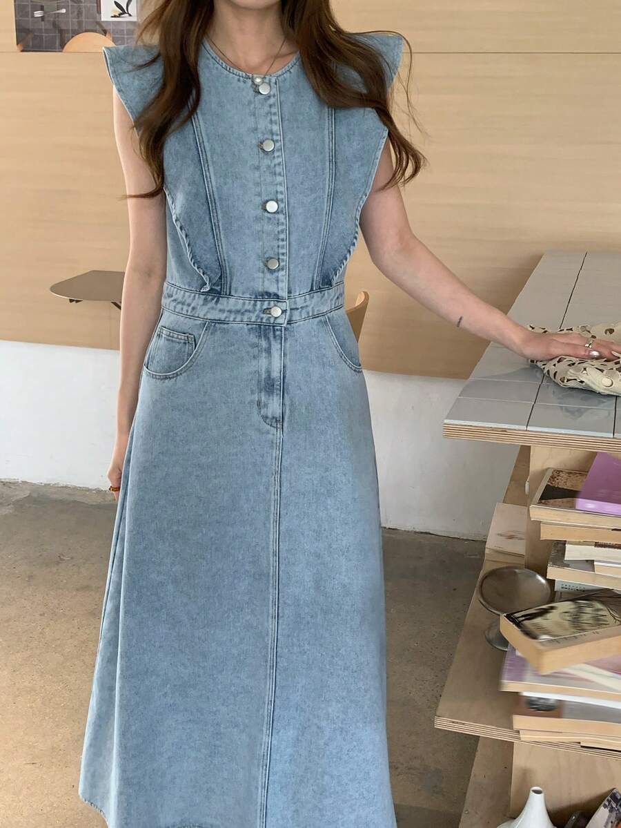 DAZY 女士圆领纽扣半门襟口袋休闲牛仔连衣裙 - 藍色 - 查看 1
