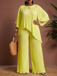 Truni 大码女士优雅度假风不对称袖口及下摆褶皱雪纺阔腿两件套，适合度假、约会、工作、日常穿着。女士度假套装，两件套休闲装，女士夏季套装，女士夏季度假套装。 - 綠色 - 查看 6