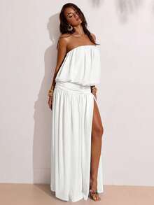 SHEIN BAE Lässiges, sexy, einfarbiges, locker tailliertes Kleid mit Schlitz, geeignet für Urlaub, Strandreise, Strandresort, Party, Cocktailparty, hellblaues Kleid, langes blaues Kleid, elegantes Kleid - Weiss - Übersicht 6